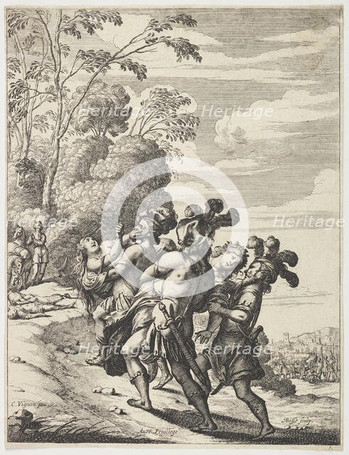 Two women being abducted by three masked men, 1639. Creator: Abraham Bosse.