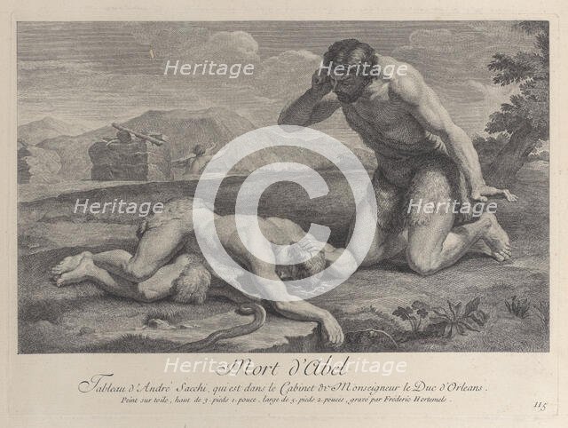 Adam kneels in grief beside the body of Abel, while Cain flees in the background, ca. ..., ca. 1729. Creator: Frédéric Horthemels.