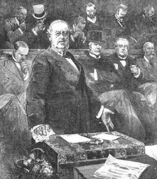 'Sir William Harcourt announcing the resignation of Lord Rosebery's government, 1895', (1901).  Creator: Unknown.