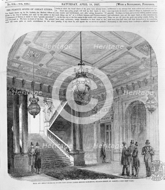 Hall and great staircase of the new Junior United Service clubhouse, St James's, London, 1857. Artist: Unknown