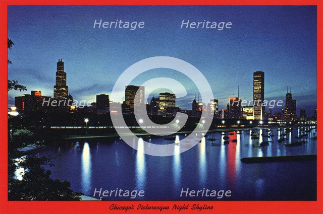 'Chicago's Picturesque Night Skyline', postcard, 1976. Artist: H Mark Weidman