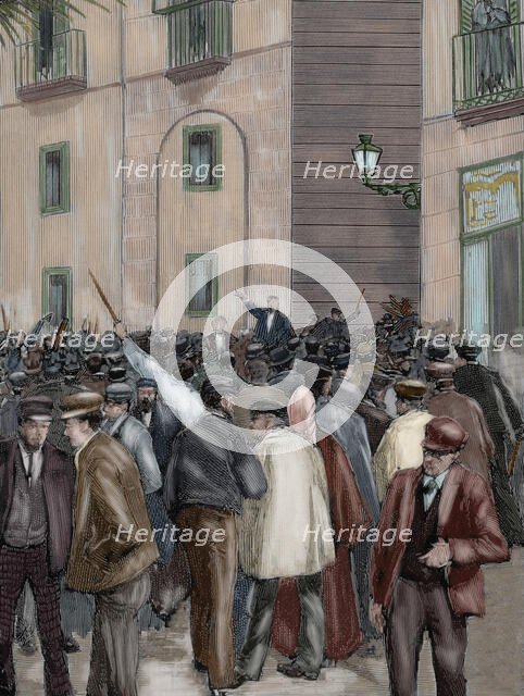 Workers' demonstration outside the Captaincy General, Barcelona, Spain, 1890. Creator: Rico.