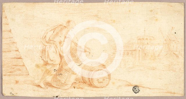 Man Moving Bale, Cask, with Windmill in Distance, n.d. Creator: Unknown.