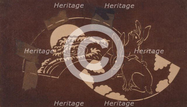 Katagami stencil with rabbits and a moon, between 1900 and 1952. Creator: Unknown.