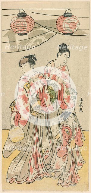 The Actors Yamashita Mangiku, Iwai Hanshiro IV, and Iwai Kumesaburo from a pentaptych of e..., 1788. Creator: Torii Kiyonaga.