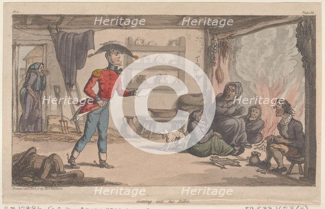 Getting into his Billet, from "The Military Adventures of Johnny Newcome", 1815., 1815. Creator: Thomas Rowlandson.