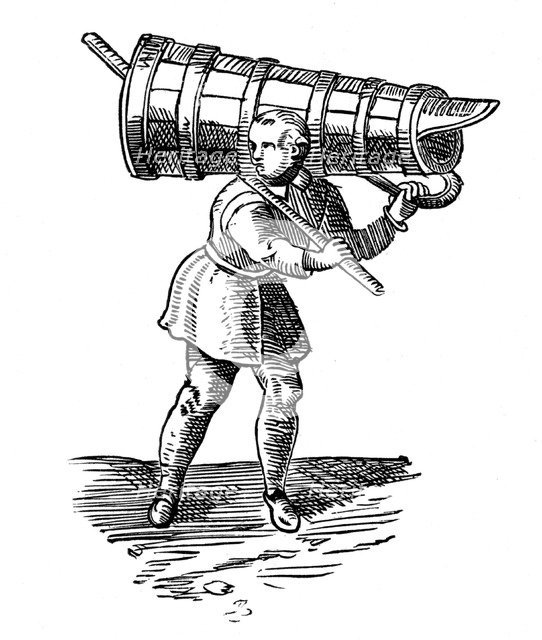 An apprentice, carrying a wooden vessel as tall as himself, on his way to fetch water, 1572. Artist: Georgius Braun