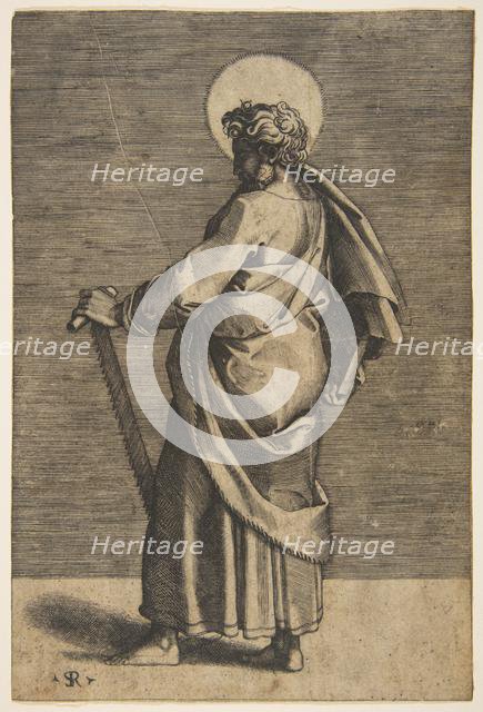 Saint Simon standing facing left, holding a saw and a book, ca. 1515-27. Creator: Marco Dente.