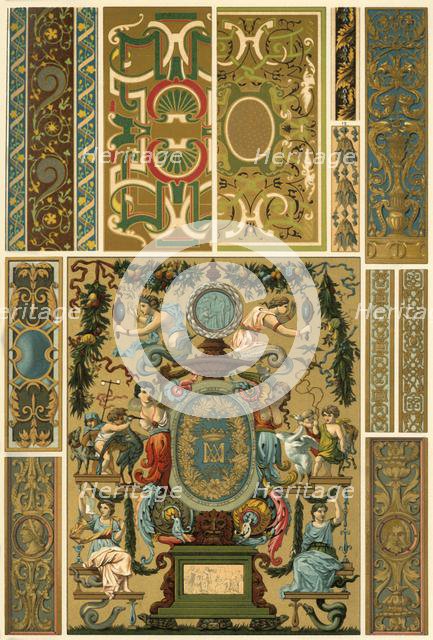 French Renaissance wall painting, polychrome painted sculpture, weaving and book covers, (1898). Creator: Unknown.