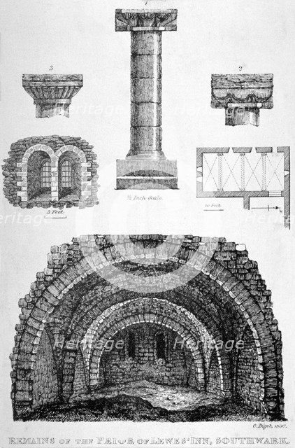 Details of the remains of Prior of Lewes' Inn, Tooley Street, Bermondsey, London, 1830.              Artist: Anon