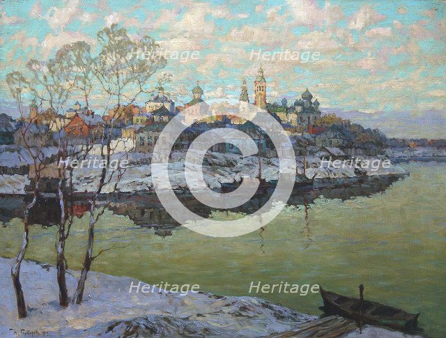 Early Spring, A City at the River', 1916. Creator: Gorbatov, Konstantin Ivanovich (1876-1945).