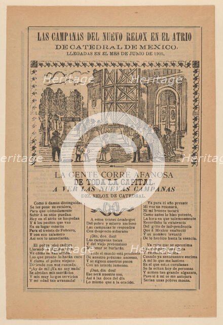 Broadsheet relating to the new clock installed in the cathedral in Mexico City in June 190..., 1905. Creator: José Guadalupe Posada.