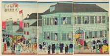 A Prosperous American Merchant Building in Yokohama (Yokohama asanban shokan hanei no zu), 1871. Creator: Utagawa Hiroshige III.