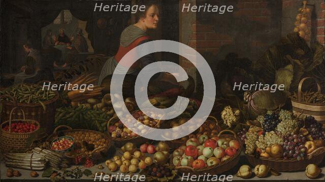 Still Life with Fruit and Vegetables, with Christ at Emmaus in the background, c.1630. Creators: Jesus Christ, Floris van Schooten.