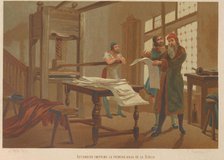 Gutenberg prints the first page of the Bible. From: La ciencia y sus hombres, 1879. Creator: Planella y Rodríguez, Juan (1849-1910).