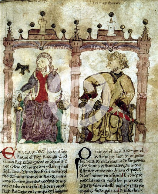 Don Rodrigo, last Visigothic King (671 -711), Tariq, Chief Berber, miniature of the  Book 'Portra…