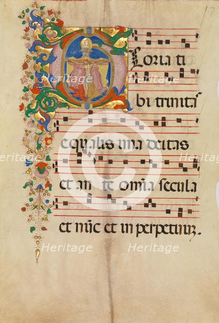 Manuscript Leaf with the Trinity in an Initial G, from an Antiphonary, second half 15th century. Creator: Master of the Riccardiana Lactantius.