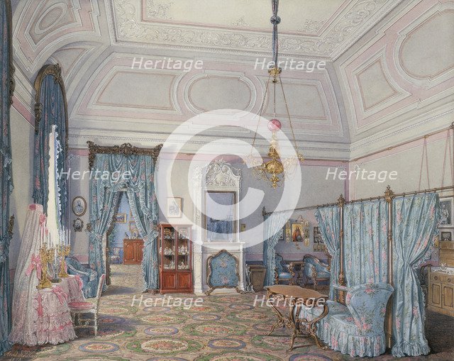 Interiors of the Winter Palace. The Fifth Reserved Apartment. The Bedroom of Grand Princess Maria Alexandrovna, 1873. Artist: Hau, Eduard (1807-1887)