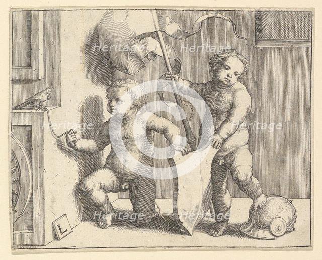 Two Nude Children Supporting a Blank Shield, ca. 1510. Creator: Lucas van Leyden.