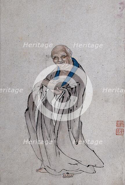 A Chinese man standing holding a long bowl with raised ends, (between 1800 and 1899?). Creator: Unknown.