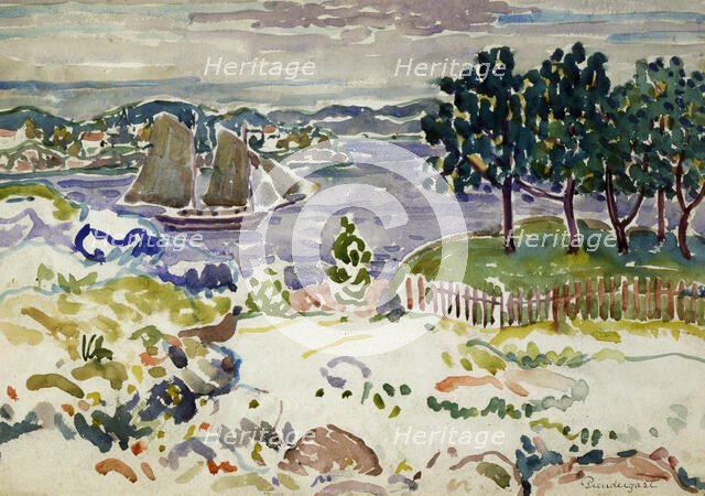 Inlet with Sailboat, Maine, ca. 1913-1915. Creator: Maurice Brazil Prendergast.