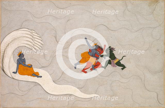 Vishnu Battles Madhu and Kaitabha, from a Markandeya Purana, c. 1760. Creator: Unknown.