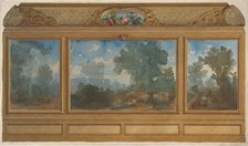 Elevation of a paneled interior decorated with painted landscapes and coves with..., 1830-97. Creators: Jules-Edmond-Charles Lachaise, Eugène-Pierre Gourdet.