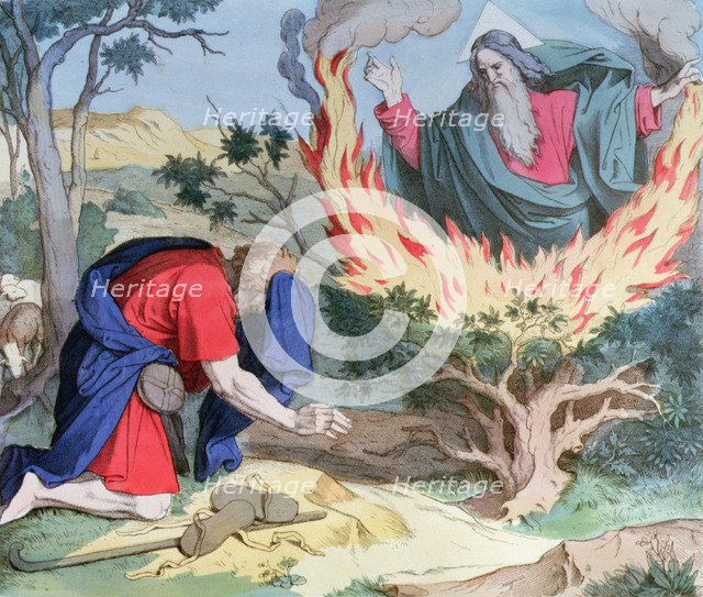 God appears to Moses in a burning bramble, engraving, 1860.