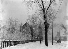 Church and Grand River Avenue in snow, Detroit, Mich., between 1900 and 1905. Creator: Unknown.