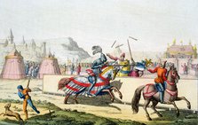 Armoured knights jousting at a tournament, 12th century, c1820. Artist: Unknown