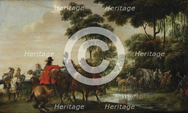 Highwaymen raiding a tilt car by a forest stream. Artist: Snayers, Pieter (1592-1667)