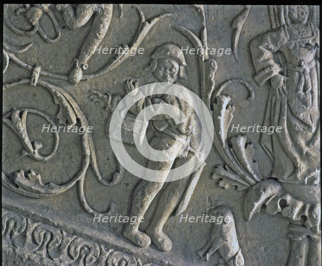 Stairway of the Senior Schools of the University of Salamanca. Detail of the relief of a musician…