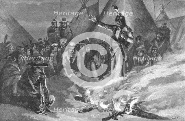 ''The Threatened Rising of American Indians; Sitting Bull Addressing a Meeting of "Braves" ', 1890. Creator: Unknown.