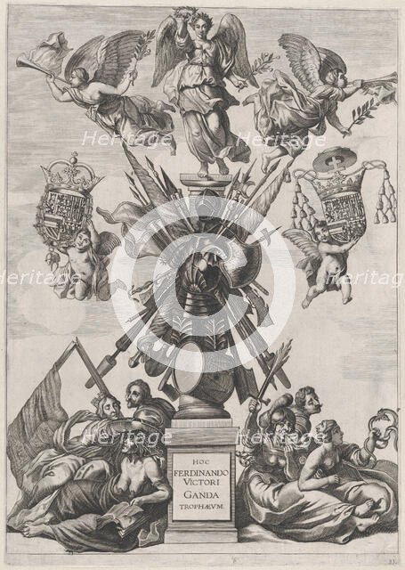 Plate 33: Armorial trophy on a Tuscan column, surrounded by allegorical figures and cherub..., 1636. Creators: Johannes Meursius, Willem van der Beke.