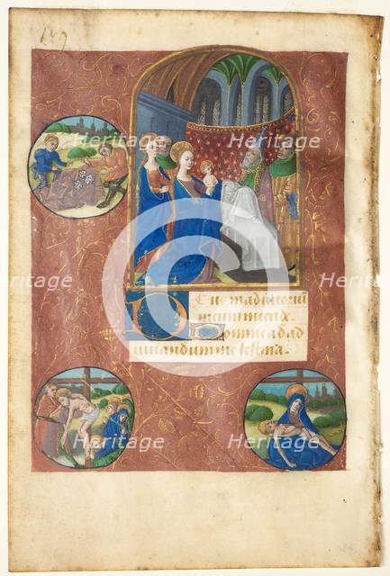Leaf from a Book of Hours: Presentation in the Temple with Roundels of the Casting of Lots..., c1460 Creator: Master of Adélaïde de Savoie (French), follower of.