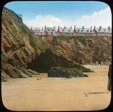 Beach and cliffs, Newquay, Cornwall, late 19th or early 20th century. Artist: Church Army Lantern Department
