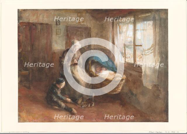Interior with a woman by a cradle and a boy on the floor, c.1854-c.1914. Creator: Albert Neuhuys.