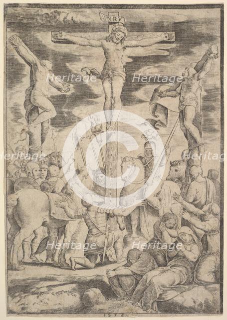 The conversion of the Centurion who flings his arms open before Christ on the cross, 1532. Creator: Master of the Die.