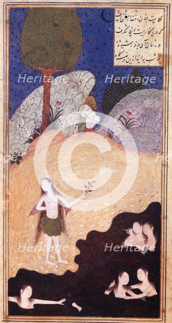 Iskandar Watching the Sirens on the Seashore. (Manuscript illumination from the epic Iskandar-nameh)