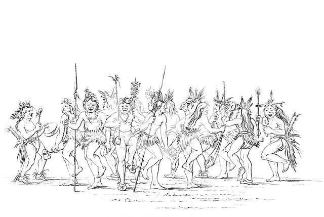 The Sioux tribe performing a beggar dance, 1841.Artist: Myers and Co