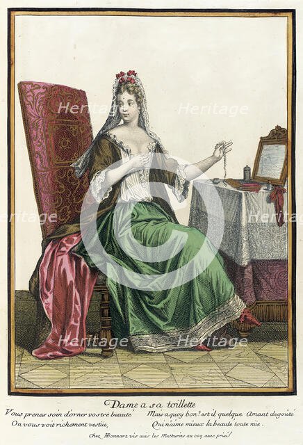 Recueil des modes de la cour de France, 'Dame a sa Toilette', 1687, bound 1703-1704. Creator: Henri Bonnart.