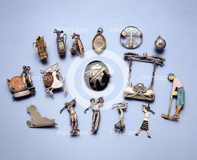 Gold and silver jewellery with a golfing theme, 1910-1938. Artist: Unknown