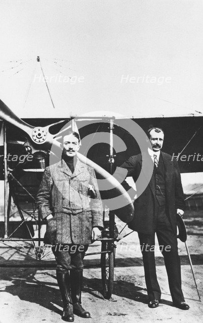 Louis Bleriot (right) 1872-1936, French aviator and the French air ace Adolphe Pegoud. Artist: Unknown