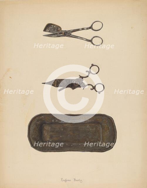 Candle Snuffer, Trimmer & Tray, c. 1937. Creator: Eugene Bartz.