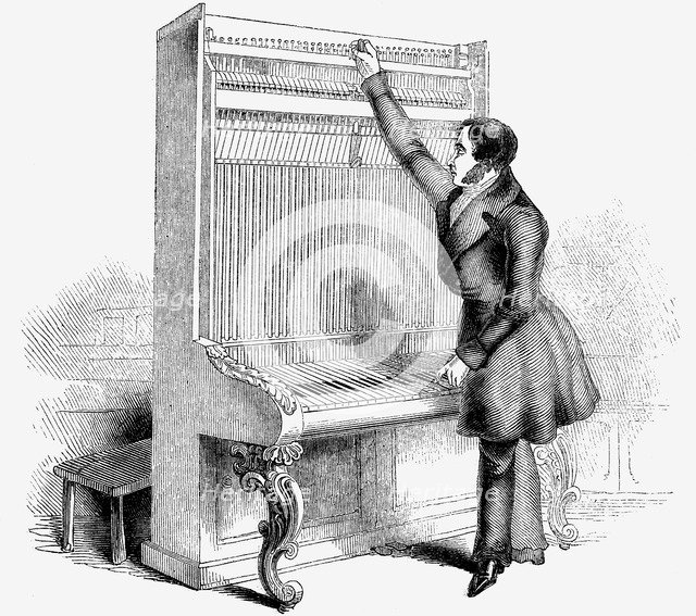 Tuning a Broadwood Cabinet piano, London, 1842. Artist: Unknown