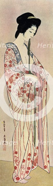 A Japanese woman wearing a nagajuban, 1920 (1930).Artist: Hashiguchi Goyo