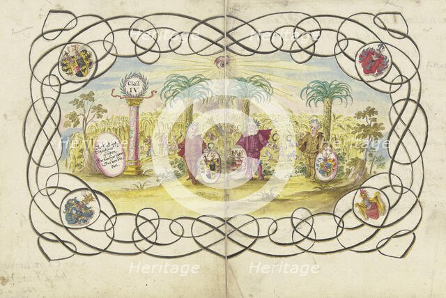 Three boys, holding sickles and coats of arms..., 1733. Creator: Johann Esaias Nilson.