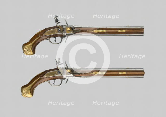 Double-Barrel Revolving Flintlock Holster Pistol (One of a Pair), Liège, 1720/30. Creator: Thomas Thiermay.