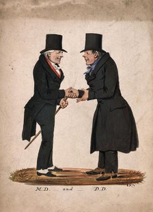 A physician and a divine shaking hands on meeting, 1830-1850. Creator: Stephen Jenner.