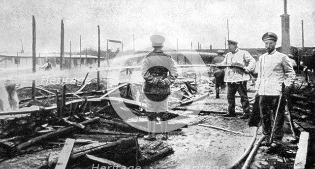 A fire damaged prison camp in Germany, World War I, 1915. Artist: Unknown